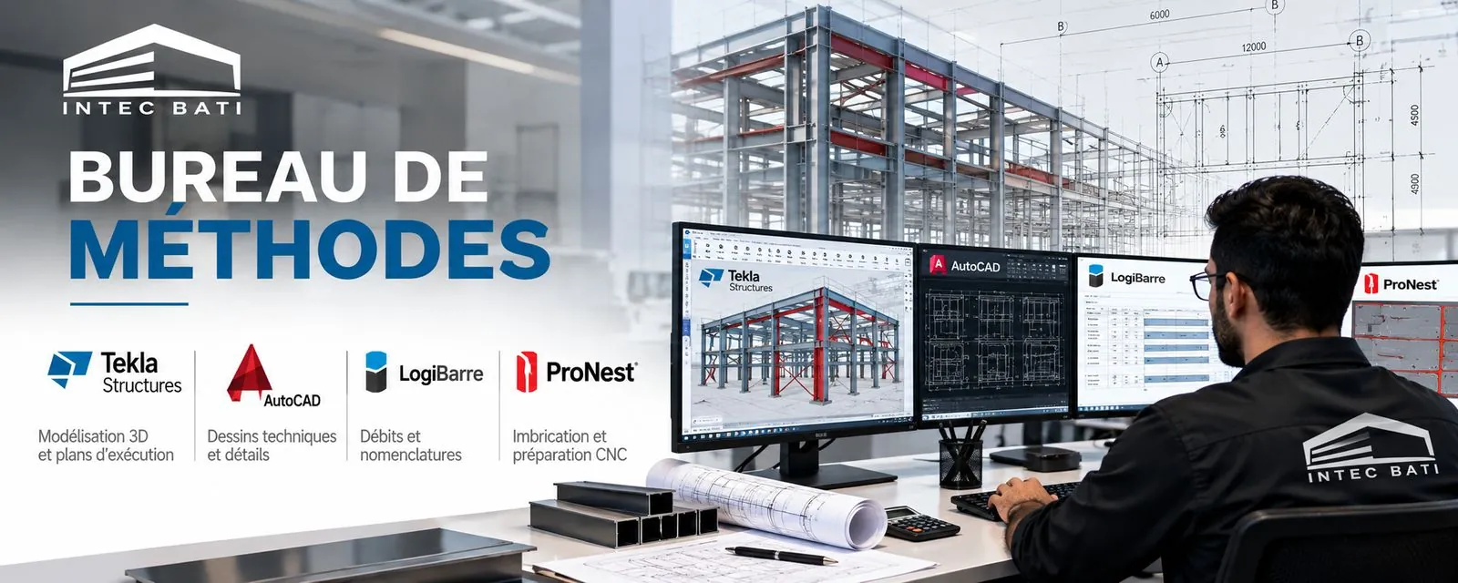 INTEC BATI 方法设计部:设计人员使用 Tekla Structures、AutoCAD、LogiBarre 和 ProNest 处理钢结构三维模型
